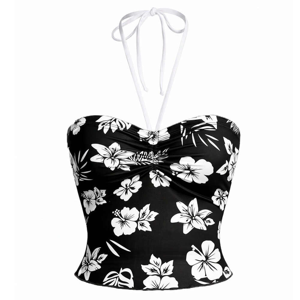New Small Hibiscus Ruched Halter Neck Sweetheart Crop Top Island Floral Black